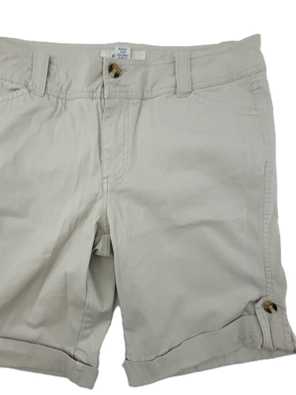Crazy Shirts Shorts Women's 10 Tan Chino Button Roll Tab Cuff Stretch